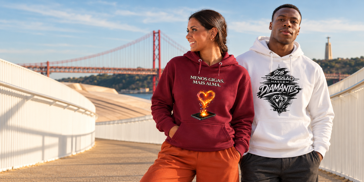 Two people wearing "I'm from the Loading Generation" T-shirts in a Portuguese urban setting