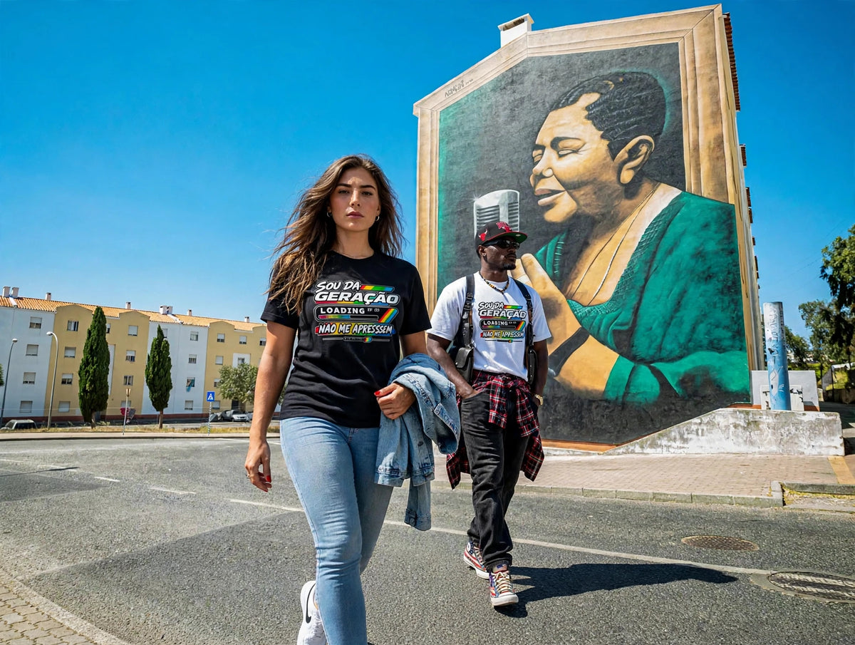 Duas pessoas com a T-shirt Sou da Geração Loading num cenário urbano português